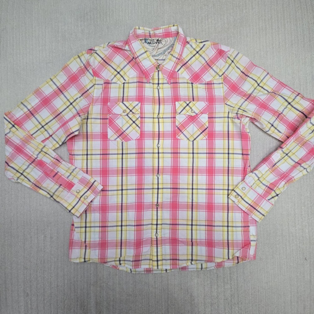 Hollister Pearl Snap Shirt Womens 2XL Pink White Plaid Western Long Sleeve